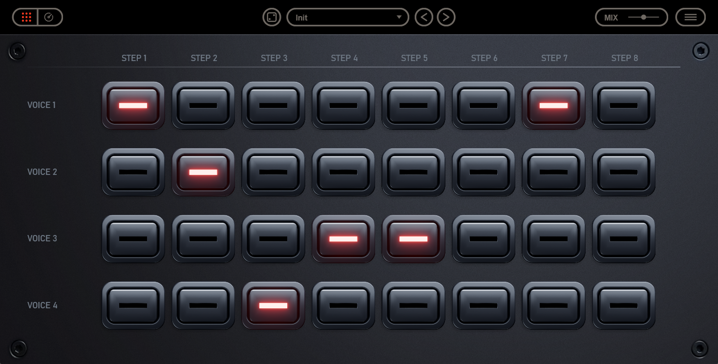 Pattern Delay plugin window: a 4-by-8 grid of hardware step buttons with several steps lit red, preset and mix controls along the top bar